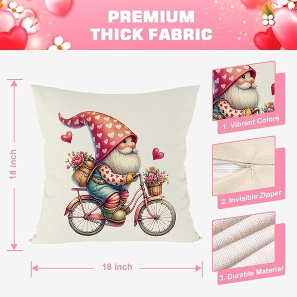 Valentines Day Pillow Covers 18x18 Set of 4 Gnome Bicycle Roses Floral Valentine - Picture 3 of 4